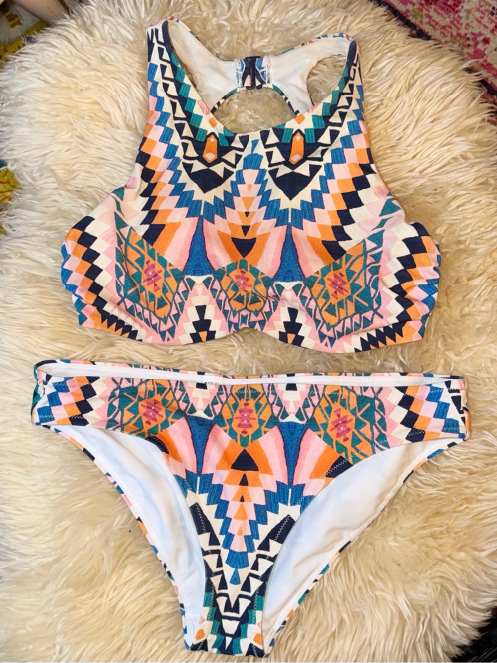 Athleta Desert Aztec Print Geo High Neck Underwire Bikini Top and Bottoms.